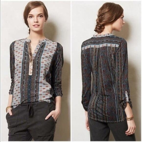 Anthropologie Tiny Devas Aztec Printed Sequin popover Peasant Top XS - Picture 1 of 10
